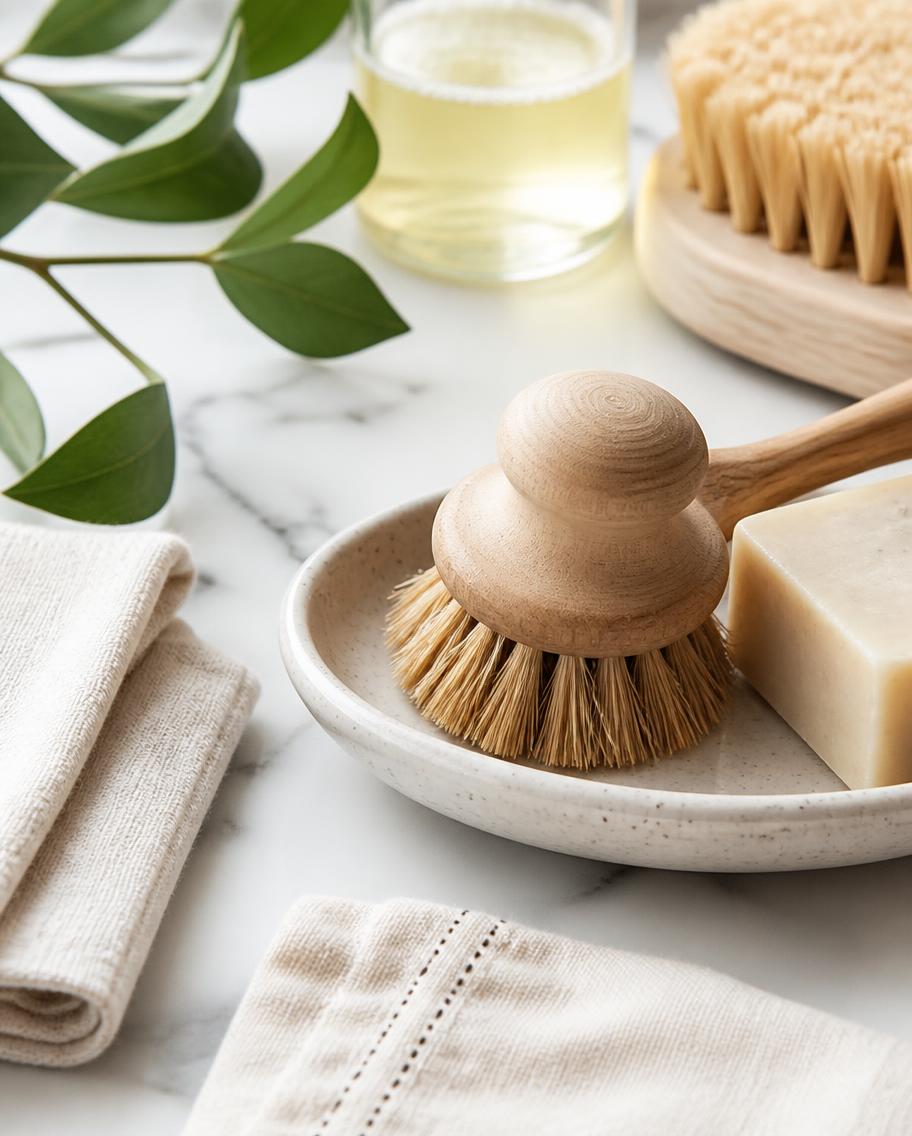 Produse eco-friendly de curățenie pe suprafață de marmură albă